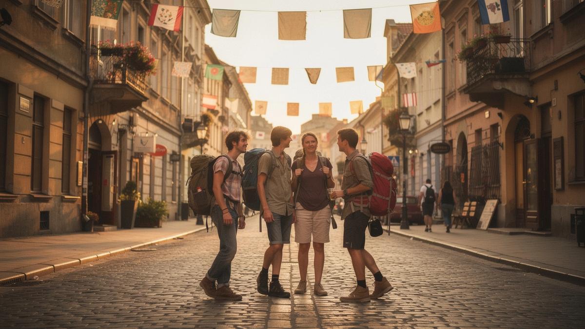 Young travelers walking a cobbled Lviv street past festival banners in warm evening light