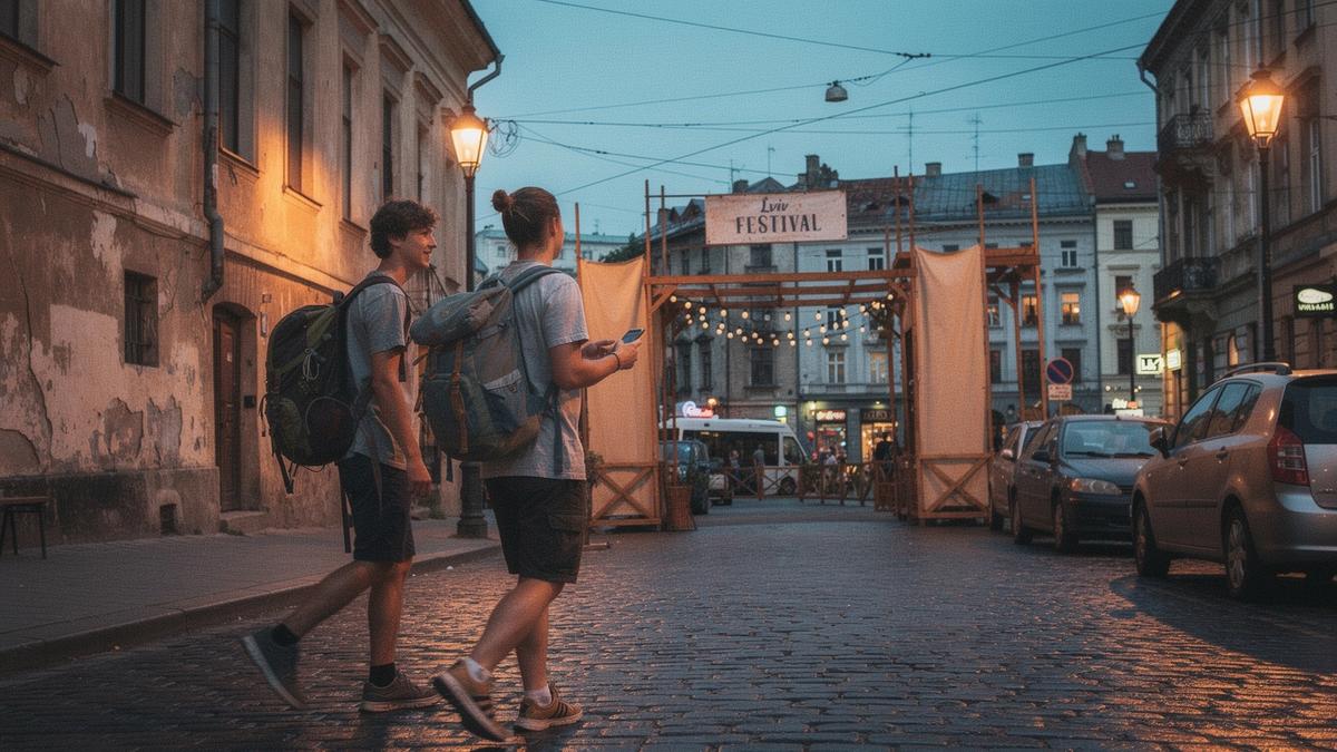 Group of young travellers with backpacks walking a cobbled Lviv street toward a festival gate at dusk